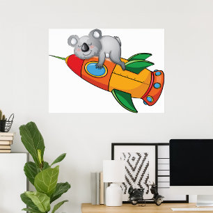 Sleeping Koala on Colourful Rocket  Poster