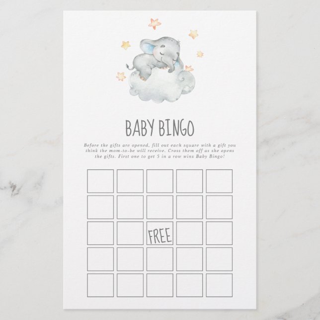 Sleeping Little Elephant Boy Baby Bingo Game Flyer (Front)