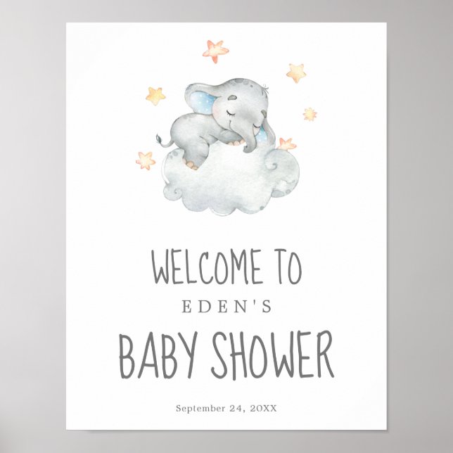 Sleeping Little Elephant Boy Baby Shower Welcome Poster (Front)
