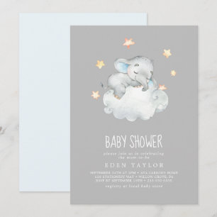 Sleeping Little Elephant Boy Grey Baby Shower Invitation