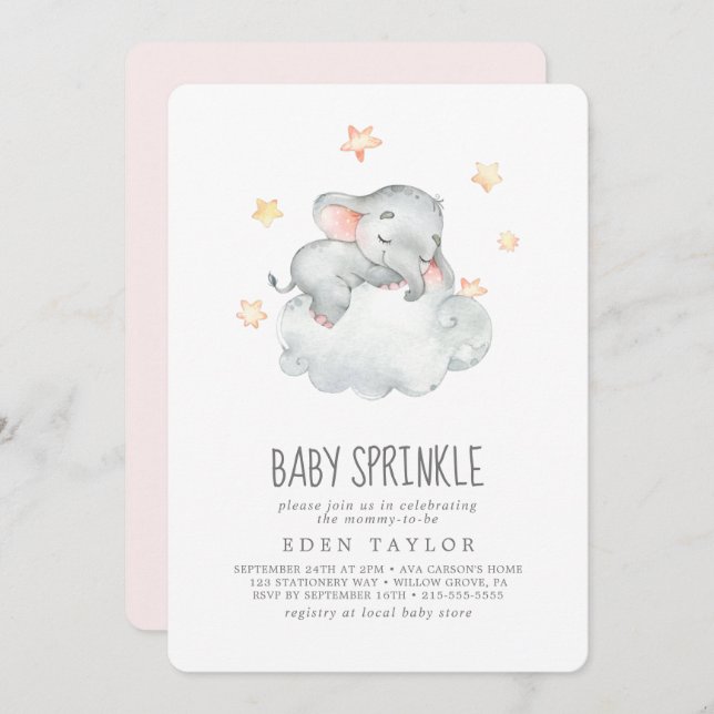Sleeping Little Elephant Girl Baby Sprinkle Invitation (Front/Back)