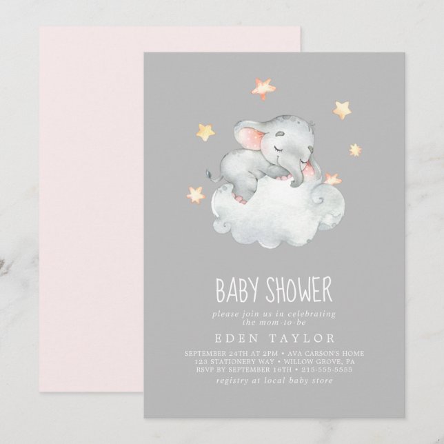 Sleeping Little Elephant Girl | Grey Baby Shower Invitation (Front/Back)