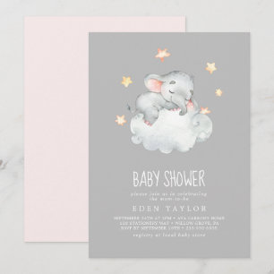 Sleeping Little Elephant Girl Grey Baby Shower Invitation
