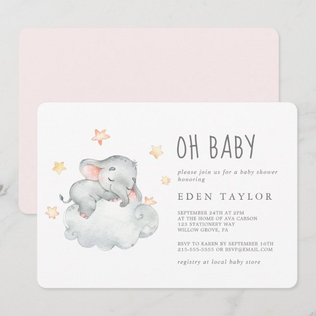 Sleeping Little Elephant Girl Oh Baby Shower Invitation (Front/Back)