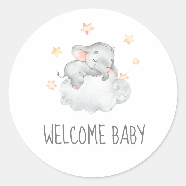 Sleeping Little Elephant Girl Welcome Baby Shower Classic Round Sticker (Front)