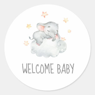 Sleeping Little Elephant Girl Welcome Baby Shower Classic Round Sticker