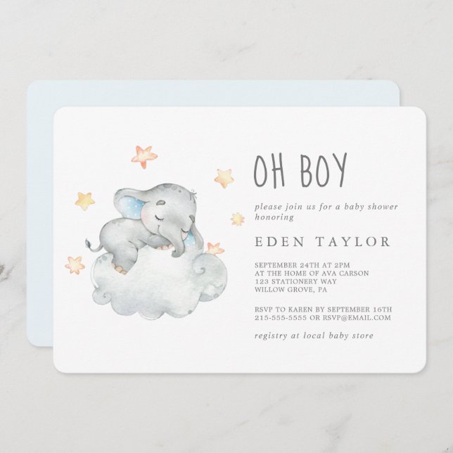 Sleeping Little Elephant Oh Boy Baby Shower Invitation (Front/Back)