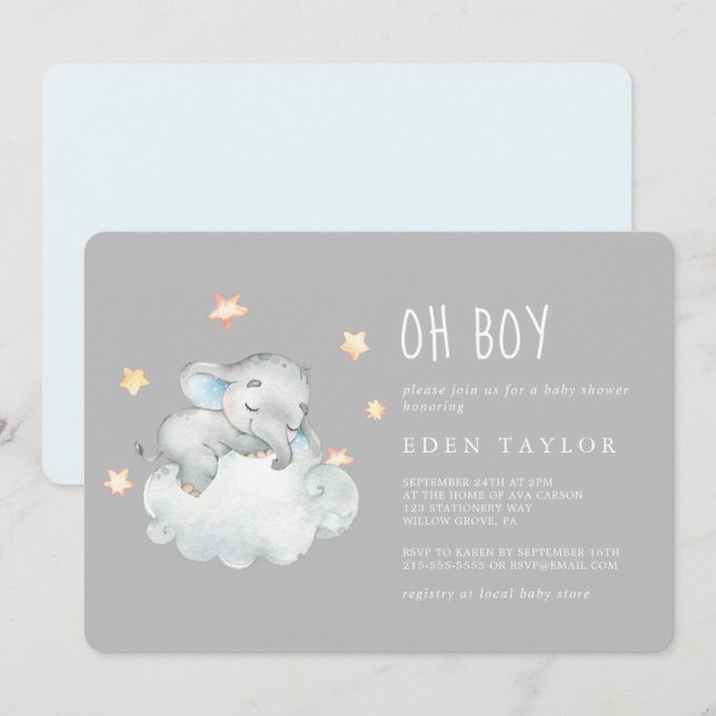 Sleeping Little Elephant Oh Boy | Grey Baby Shower Invitation (Front/Back)