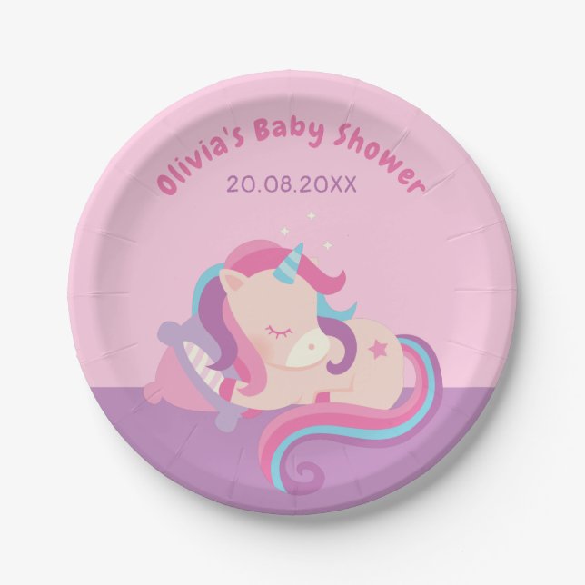Sleeping Little Unicorn, Baby Shower Supplies Paper Plate (Front)