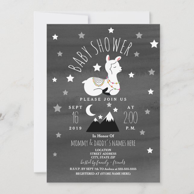 Sleeping Llama Baby Mountains Stars Baby Shower Invitation (Front)