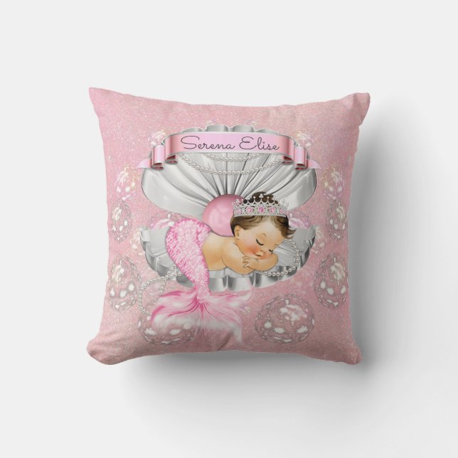 Sleeping Mermaid Baby Girl Pink Nursery Cushion (Front)