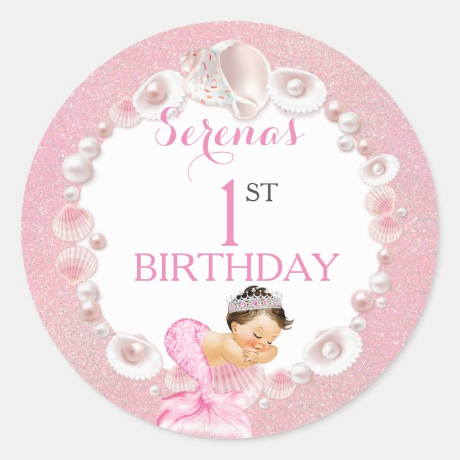 Sleeping Mermaid Baby Girl Pink Shell Pearls Classic Round Sticker (Front)