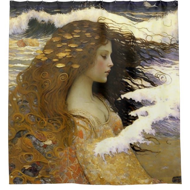 Sleeping Mermaid Dreaming of Golden Sea Shells Shower Curtain (Front)
