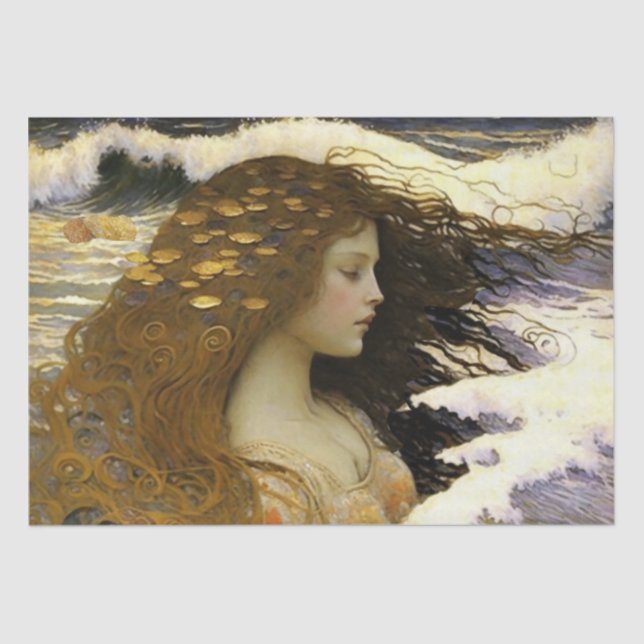 Sleeping Mermaid Dreaming of Golden Sea Shells Tissue Paper (Front)