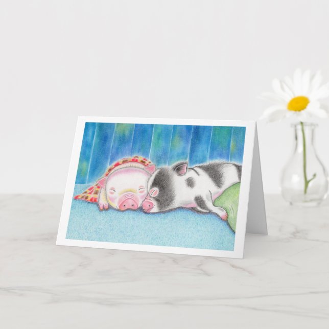 Sleeping Mini Pigs Piglets Folded Greeting Card (Small Plant)