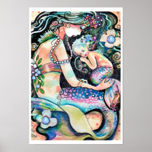 Sleeping Mom and child Mermaid ART Poster