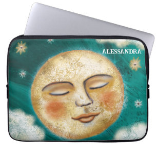 Sleeping Moon with Stars Teal Personalised Laptop Sleeve