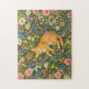 Sleeping Orange Cat in Wildflowers Puzzle Waterc