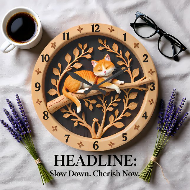 Sleeping Orange Tabby Cat Leaf Large Clock (Creator Uploaded)