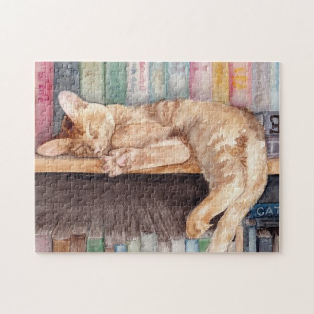 Sleeping Orange Tabby Cat on a Bookshelf Jigsaw Puzzle (Horizontal)