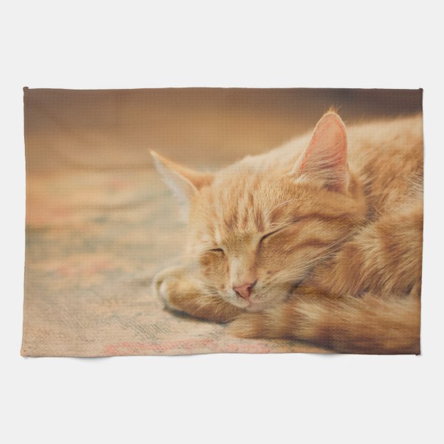 Sleeping Orange Tabby Cat Tea Towel (Horizontal)