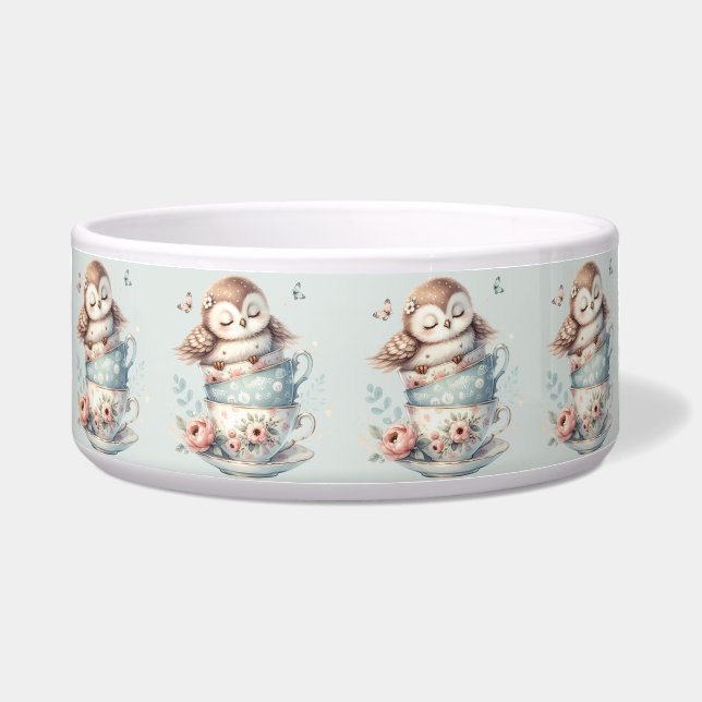 Sleeping Owl in Stacked Floral Teacups (Front)