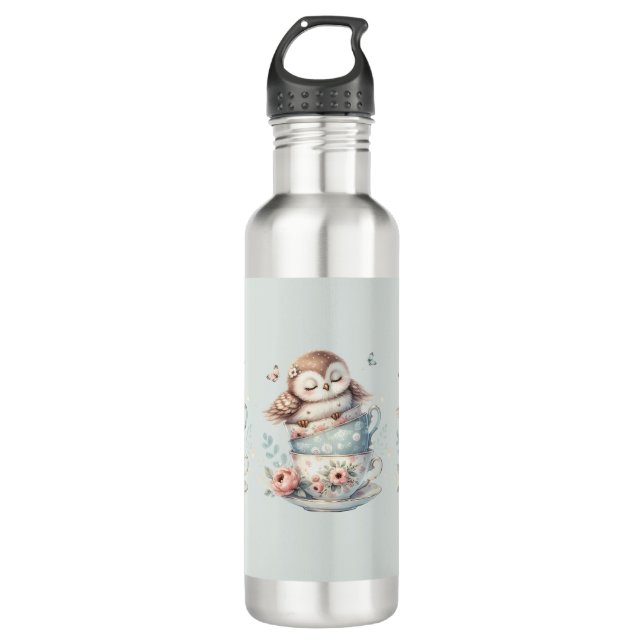 Sleeping Owl in Stacked Floral Teacups 710 Ml Water Bottle (Front)
