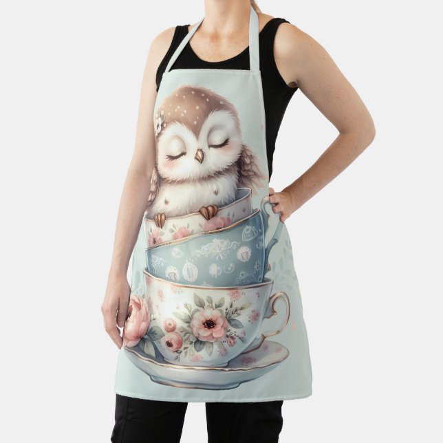 Sleeping Owl in Stacked Floral Teacups Apron (Insitu)