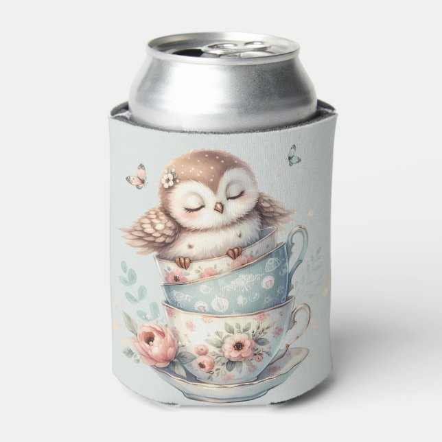 Sleeping Owl in Stacked Floral Teacups Can Cooler (Can Front)
