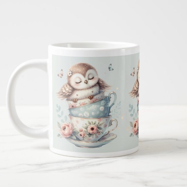 Sleeping Owl in Stacked Floral Teacups Large Coffee Mug (Left)