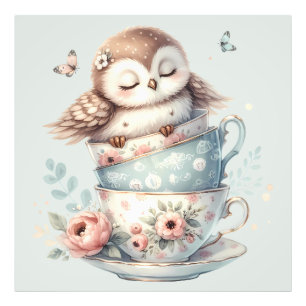Sleeping Owl in Stacked Floral Teacups Photo Print