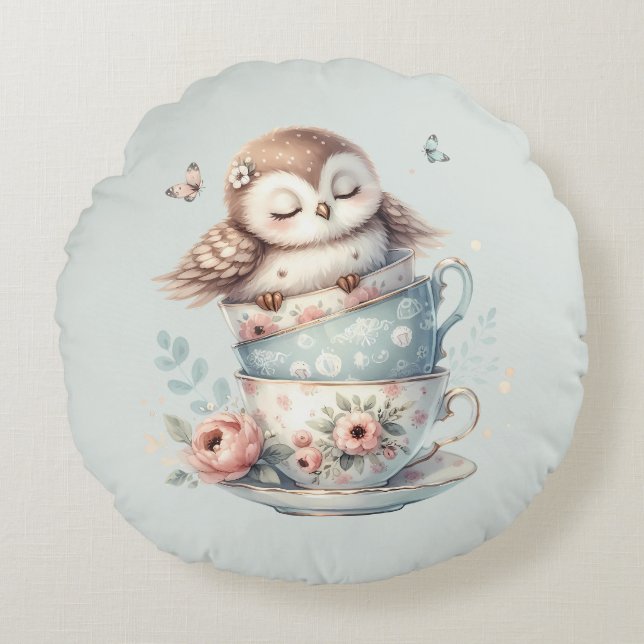 Sleeping Owl in Stacked Floral Teacups Round Cushion (Front)
