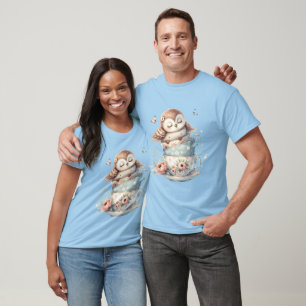 Sleeping Owl in Stacked Floral Teacups T-Shirt