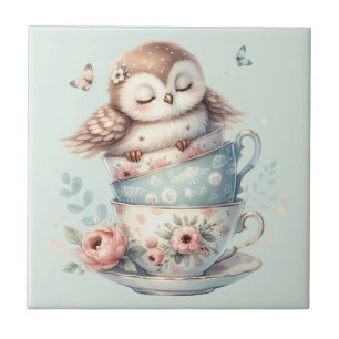 Sleeping Owl in Stacked Floral Teacups Tile
