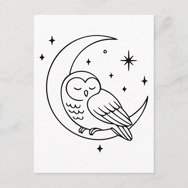 Sleeping Owl on Crescent Moon Line Art Postcard (Front)