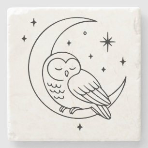 Sleeping Owl on Crescent Moon Line Art Stone Coaster