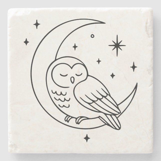 Sleeping Owl on Crescent Moon Line Art Stone Coaster (Front)