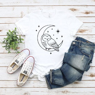 Sleeping Owl on Crescent Moon Line Art T-Shirt