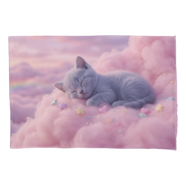Sleeping Pastel Kitten on Fluffy Pink Clouds Art Pillowcase (Front)