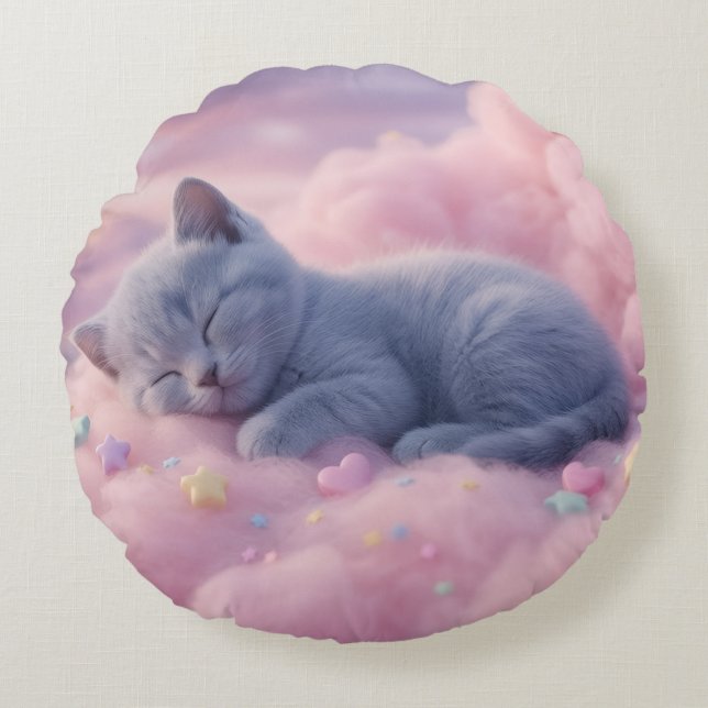 Sleeping Pastel Kitten on Fluffy Pink Clouds Art Round Cushion (Front)