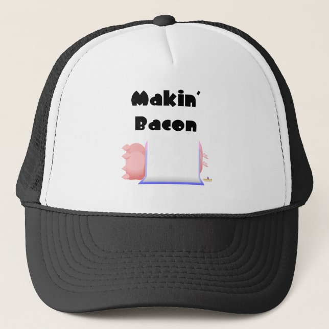 Sleeping Pigs Blue Pink Blanket Makin' Bacon Trucker Hat (Front)