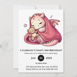 Sleeping Pink Baby Dragon with Teddy Birthday Invitation