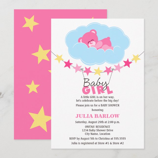 Sleeping Pink Girl Teddy Bear in Cloud Baby Shower Invitation (Front/Back)
