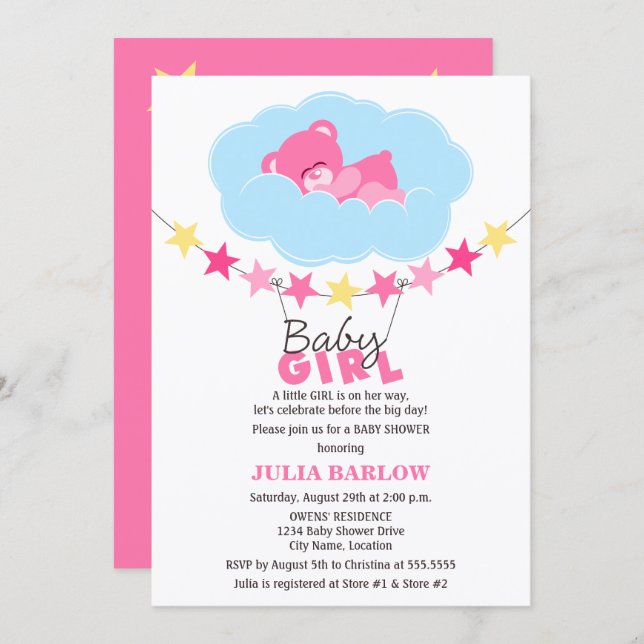 Sleeping Pink Girl Teddy Bear in Cloud Baby Shower Invitation (Front/Back)