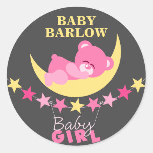 Sleeping Pink Girl Teddy Bear On Moon Baby Shower Classic Round Sticker