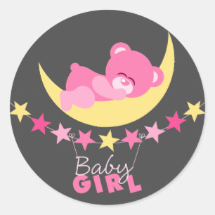 Sleeping Pink Girl Teddy Bear On Moon Baby Shower Classic Round Sticker