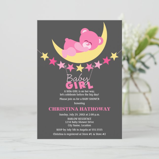 Sleeping Pink Girl Teddy Bear on Moon Baby Shower Invitation (Standing Front)