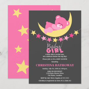 Sleeping Pink Girl Teddy Bear on Moon Baby Shower Invitation