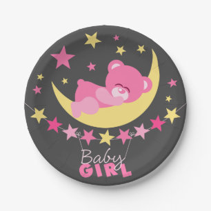 Sleeping Pink Girl Teddy Bear On Moon Baby Shower Paper Plate