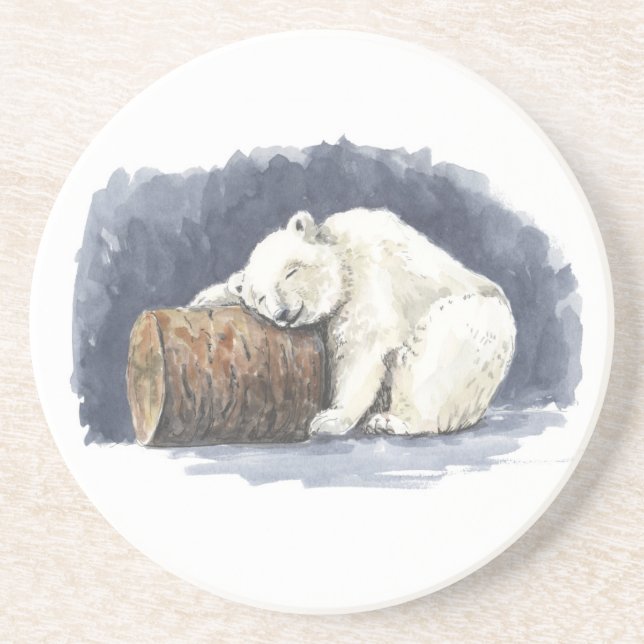 Sleeping polar bear, watercolor art coaster (Front)